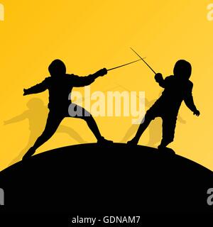 Fencing active young teenager sword fighting sport silhouettes vector abstract background illustration Stock Vector