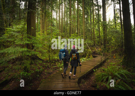 Couple in forest on wooden walkway, Lynn Canyon Park, North Vancouver, British Columbia, Canada Stock Photo