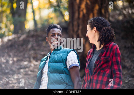 Romantic young hiking couple hiking in forest, Arcadia, California, USA Stock Photo