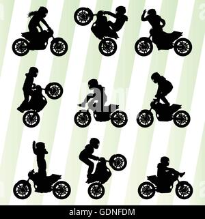 Motorcycle performance extreme stunt driver vector background concept set Stock Vector