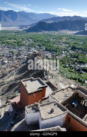 Looking down on rooves of Leh Palace and old town, Leh, Ladakh,  Jammu and Kashmir, India. Stock Photo