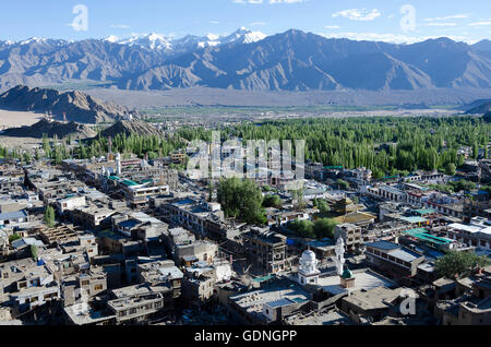 Looking down on rooves of town, Leh, Ladakh,  Jammu and Kashmir, India. Stock Photo