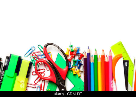 School and art supplies isolated on white background. Top view with copy space. Stock Photo