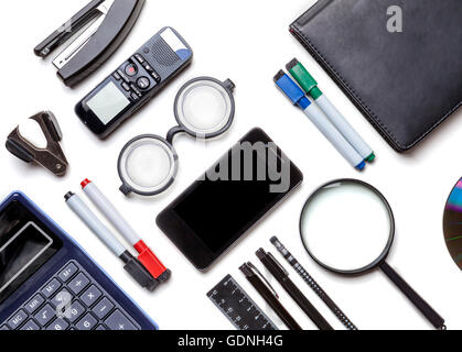 Black student supplies isolated on white background. Office stationery. Top view Stock Photo