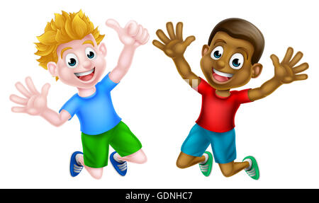 Cartoon young boys, one black and one white, jumping for joy Stock Photo