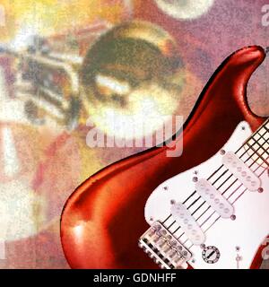 abstract red grunge music background with electric guitar Stock Vector