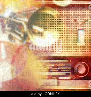 abstract red grunge music background with retro radio Stock Vector