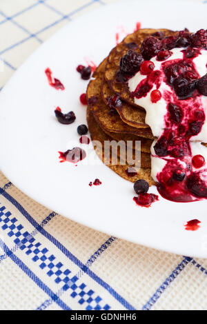 Healthy pancakes with jam, raw food Stock Photo