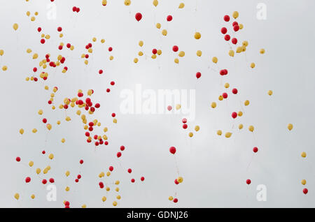 Background texture balloons in the sky red and yellow,a background, a holiday, against, air, multi-colored, ornament, red, spher Stock Photo