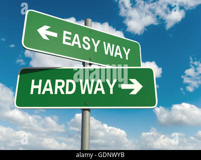 A road sign with easy way hard way words on sky background Stock Photo