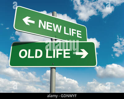 A road sign with new life old life words on sky background Stock Photo