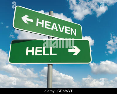 A road sign with heaven hell words on sky background Stock Photo