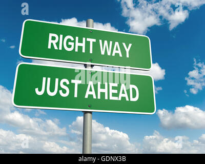 A road sign with right way words on sky background Stock Photo