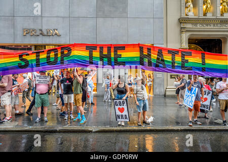 New York, USA. 18th July, 2016. Queer Nation, Gays Against Guns, LGBTQ groups and allies, and anti-gun violence advocates held a protest outside Trump Tower in New York City on the first night of the Republican National Convention to express to Donald Trump and the Republican Party their thoughts and feelings about them, their anti-LGBT platform, and the blood money that continues to flow to them from the NRA. The Republican Party, with its unrelenting anti-LGBT rhetoric, bears ultimate responsibility for the anti-LGBT killings in Orlando on June 12. Credit:  PACIFIC PRESS/Alamy Live News Stock Photo