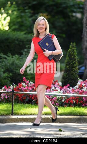 Justice Secretary Liz Truss arrives in Downing Street, London, for the first Cabinet meeting of the new government. Stock Photo