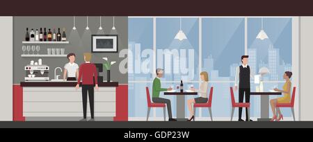 People having lunch in a luxury exclusive rooftop restaurant, city skyline on background Stock Vector