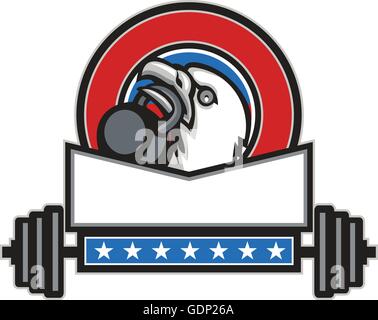 Illustration of an american bald eagle head looking up to the side lifting kettleball with beak set inside circle with barbell and stars done in retro style. Stock Vector