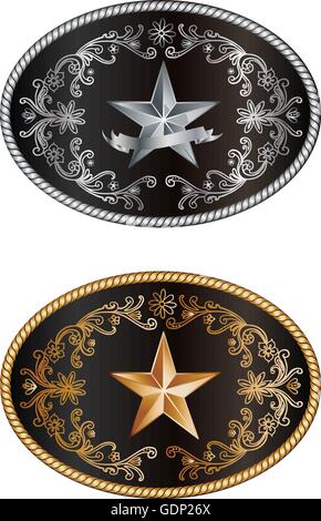 Round western buckle with star and decorations Stock Vector