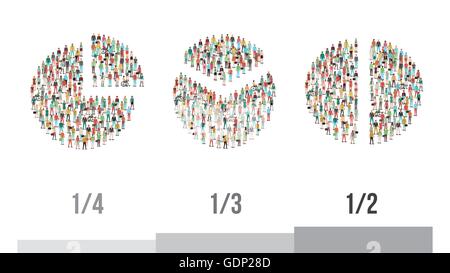 Pie charts composed of people: one quarter, one third and one half, statistics and demographics concept Stock Vector