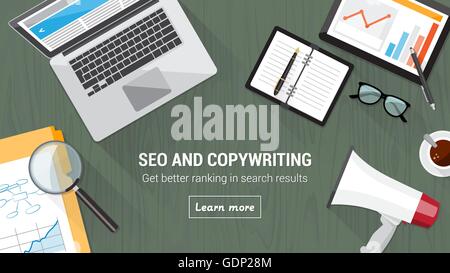 Seo and copywriting concept desk with computer, tablet, megaphone and magnifier Stock Vector