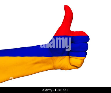 Hand with thumb up painted in colors of Armenia flag isolated Stock Photo