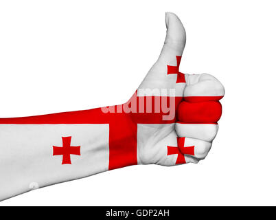 Hand with thumb up painted in colors of Georgia flag isolated Stock Photo