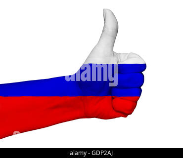 Hand with thumb up painted in colors of Russia flag isolated Stock Photo