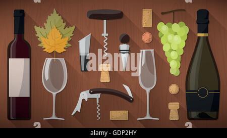 Wine tasking toolkit for wine makers, sommelier and experts, including wine glass, bottles, corkscrews and assorted objects on w Stock Vector