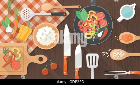 Cooking worktop in the kitchen, utensils and food, top  view Stock Vector