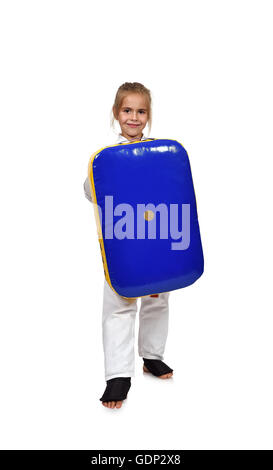 girl practice karate on a white background Stock Photo