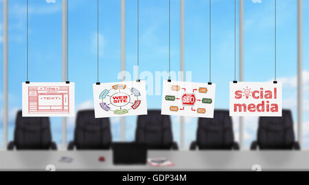 Four poster with drawing web scheme hanging on a rope in modern office Stock Photo
