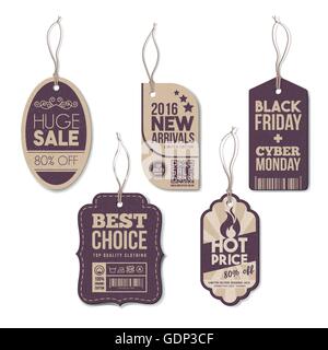 Vintage tags set with string, textured realistic paper, retail, sale and discount concept Stock Vector
