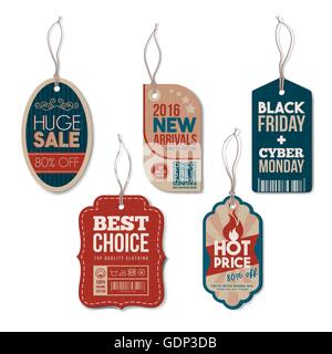 Vintage tags set with string, textured realistic paper, retail, sale and discount concept Stock Vector