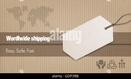 Worldwide shipping and sales banner with tag, carton box background and world map Stock Vector