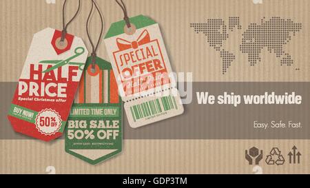 Worldwide shipping and sales banner with vintage tags, carton box background and world map Stock Vector