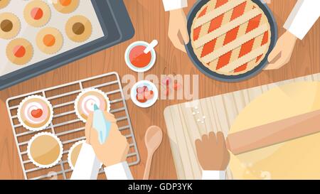 Team of chefs working together and cooking pastries, hands at work close up Stock Vector