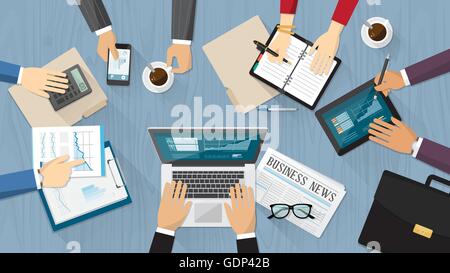Business people working a on a desk top view with computer, tablet and stationery Stock Vector