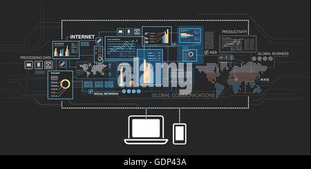 Online business concept, laptop and mobile phone connected to the internet Stock Vector