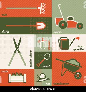 Colorful gardening and landscaping tools, vintage illustration Stock Vector