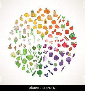 Fruit and vegetables color wheel with food icons, nutrition and healthy eating concept Stock Vector