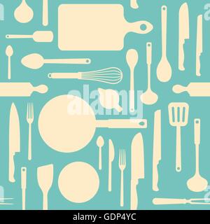 Vintage kitchen and cooking tools seamless pattern with kitchenware equipment on light blue background Stock Vector
