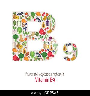 Fruits and vegetables highest in vitamin B9 composing B9 letter shape, nutrition and healthy eating concept Stock Vector