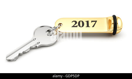 Room key with golden keychain 2017 new year concept isolated on white Stock Photo