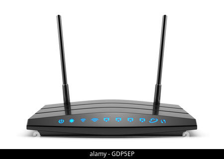 3d modern wireless wi-fi black router with two antennas and blue indicators isolated on white. High speed internet connection, f Stock Photo
