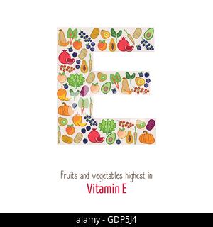 Fruits and vegetables highest in vitamin E composing E letter shape, nutrition and healthy eating concept Stock Vector