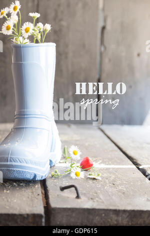 hello autumn, daisy and boots on a vintage table, Stock Photo