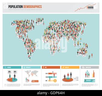 Population demographics infographic, world map composed of people and statistics, global politics and sociology concept Stock Vector