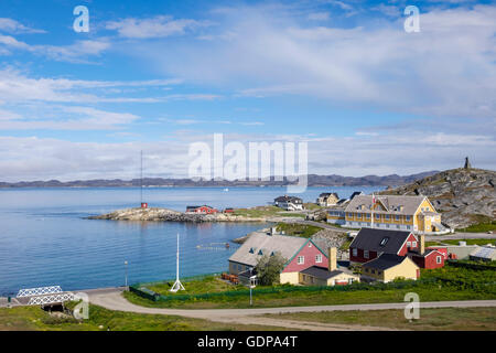 Overview of old town and harbour with Hans Egede House 1728 oldest in country and venue for official government receptions. Nuuk Greenland Stock Photo