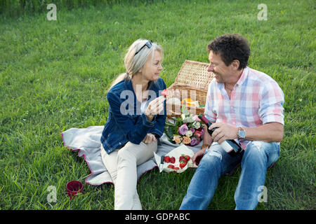 Mature couple on grass having picnic smiling Stock Photo