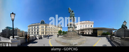 Wien, Vienna: Staatsoper state opera house, equestrian statue of Archduke Albert and Albertina with Soravia Wing, Austria, Wien, Stock Photo